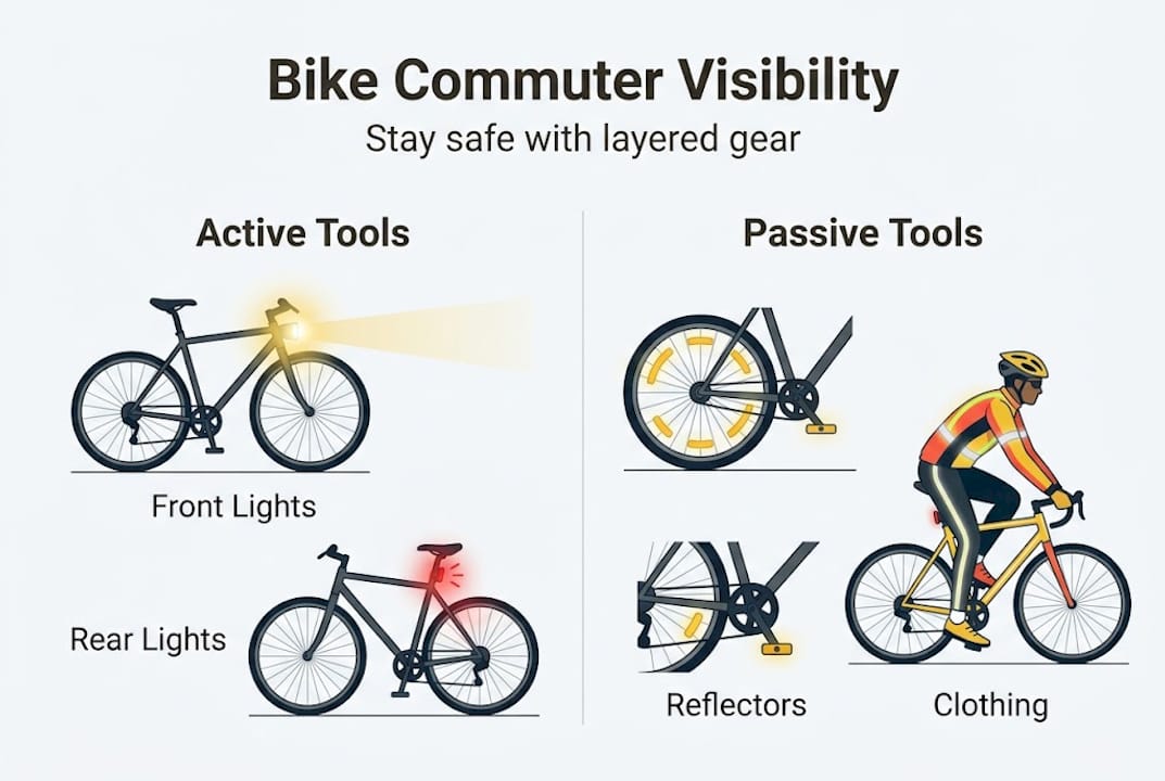 Infographic showing active and passive visibility tools for bike commuters