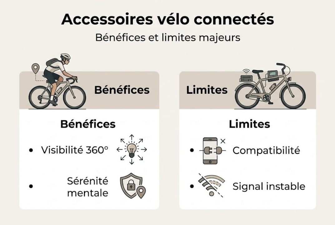 Infographie : ce qu’il faut savoir sur les accessoires vélo connectés – atouts, limites et conseils d’utilisation