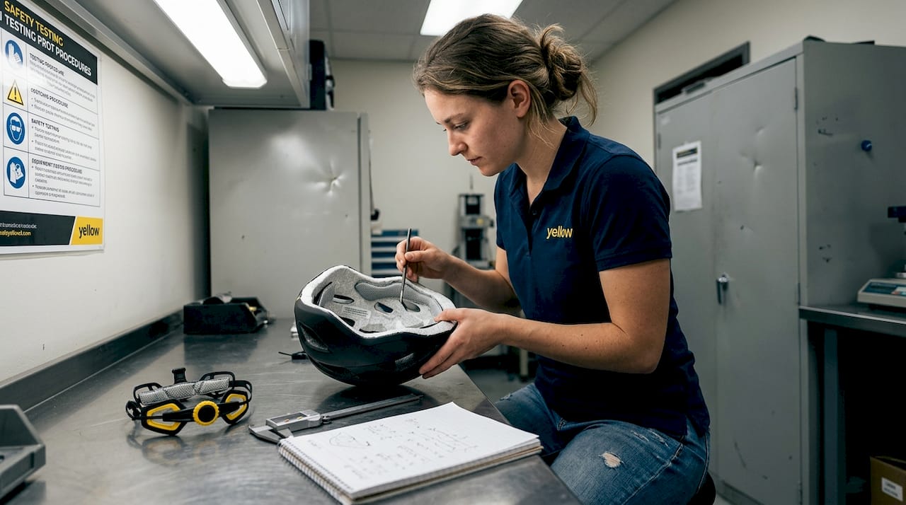 Engineer examining helmet liner in lab