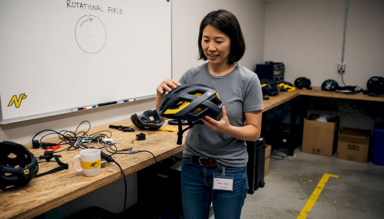 Engineer showing helmet rotational technology at workbench