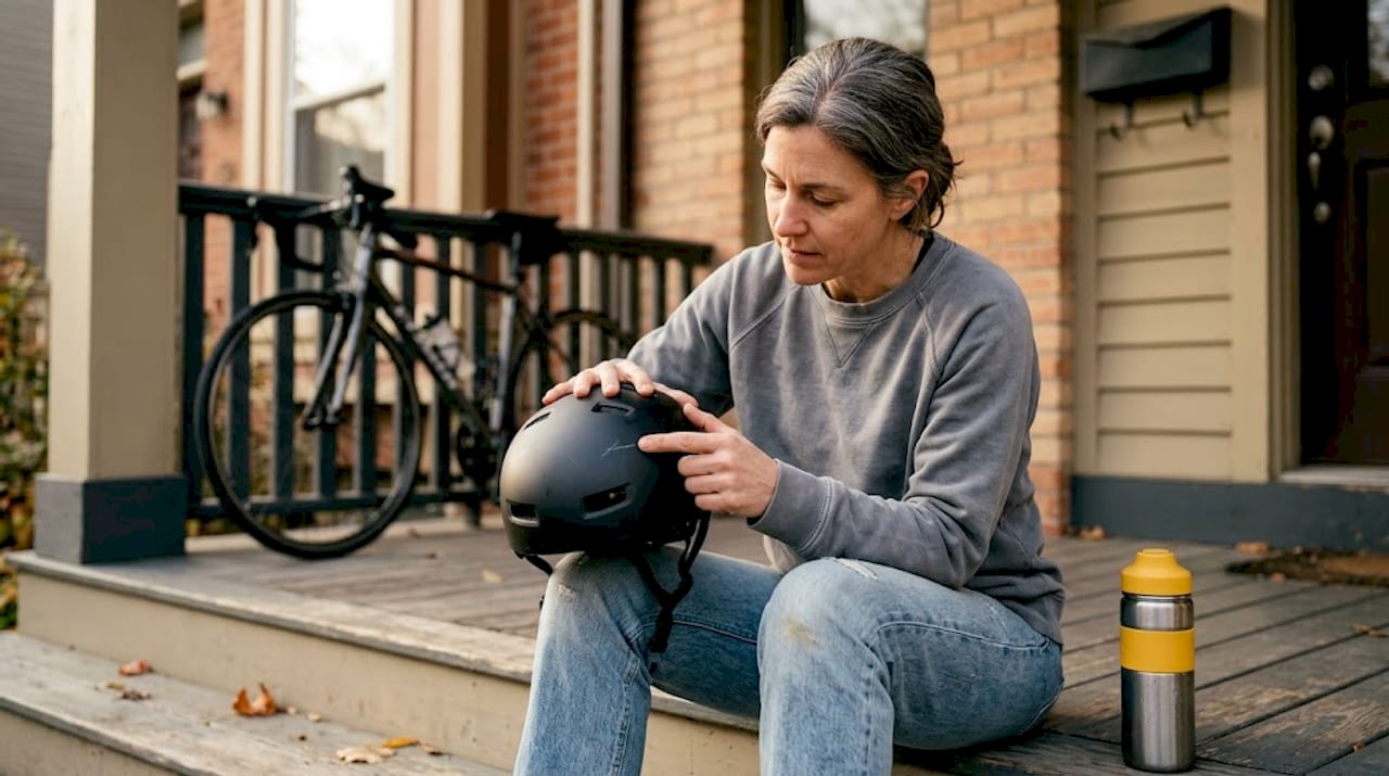 Cyclist inspecting helmet for signs of wear
