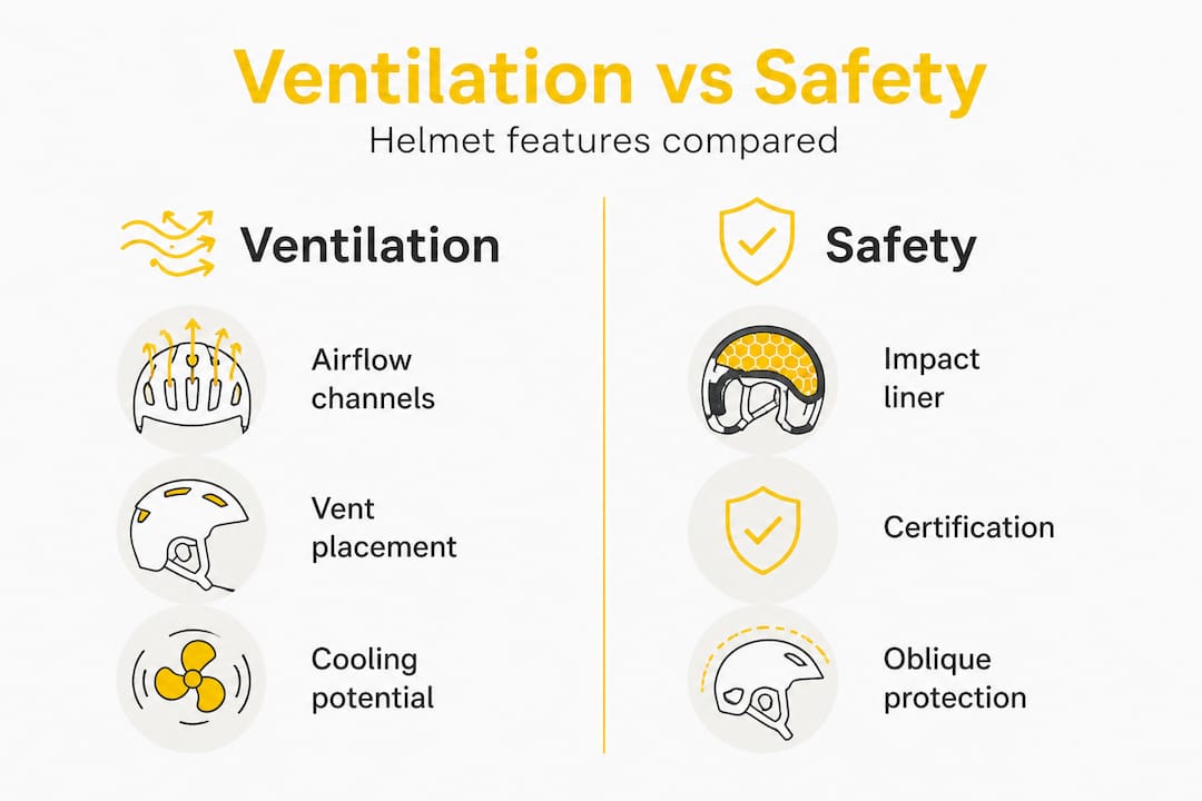 Helmet ventilation and safety feature comparison infographic