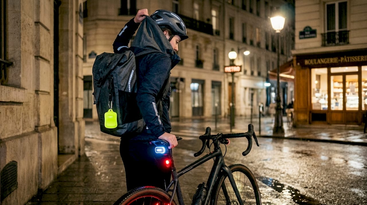 Sous une pluie battante, une cycliste prend le temps de vérifier que tout son équipement est bien en place avant de repartir.