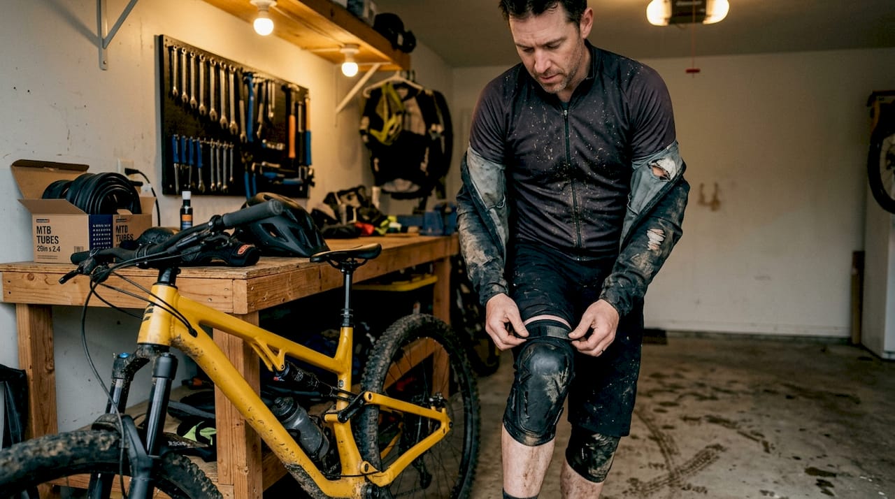 Cyclist fastening knee pad in garage