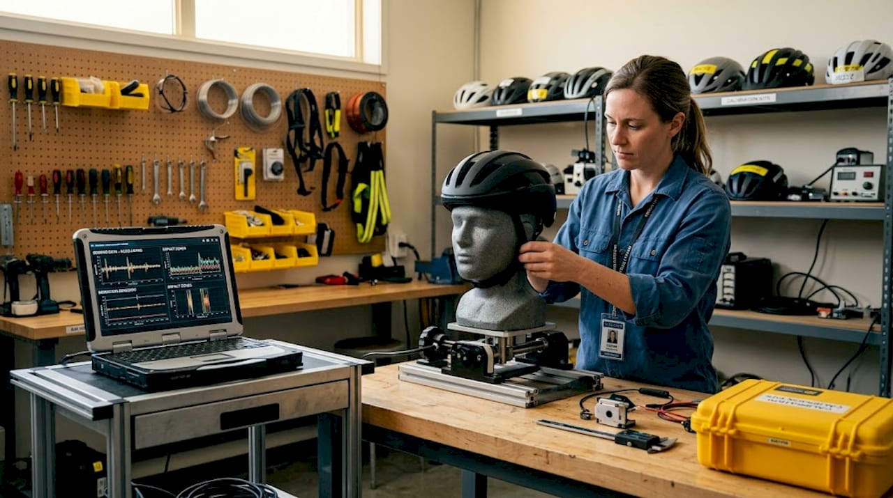Engineer testing sensors inside a smart helmet