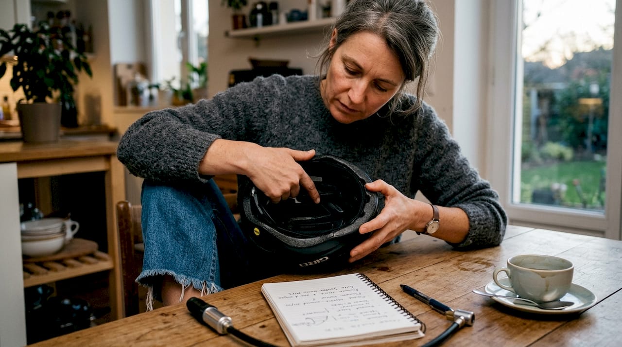 Une femme examine attentivement l’état de son casque équipé de la technologie MIPS.