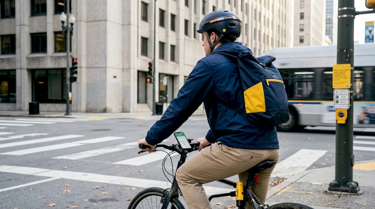 Urban commuter uses smart helmet biking