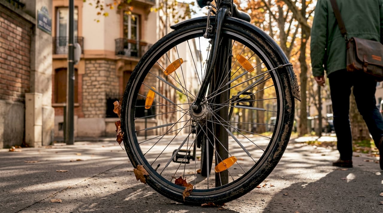 Gros plan sur une roue de vélo équipée de catadioptres