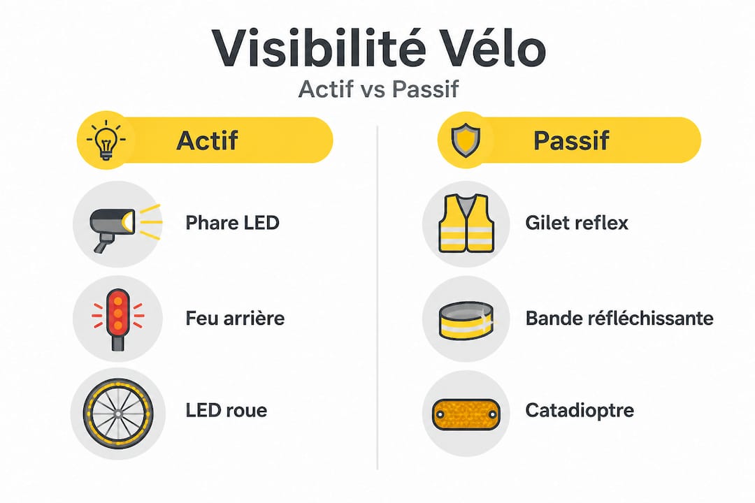 Infographie : comparaison de la visibilité à vélo selon les différents types d’éclairage, actif ou passif