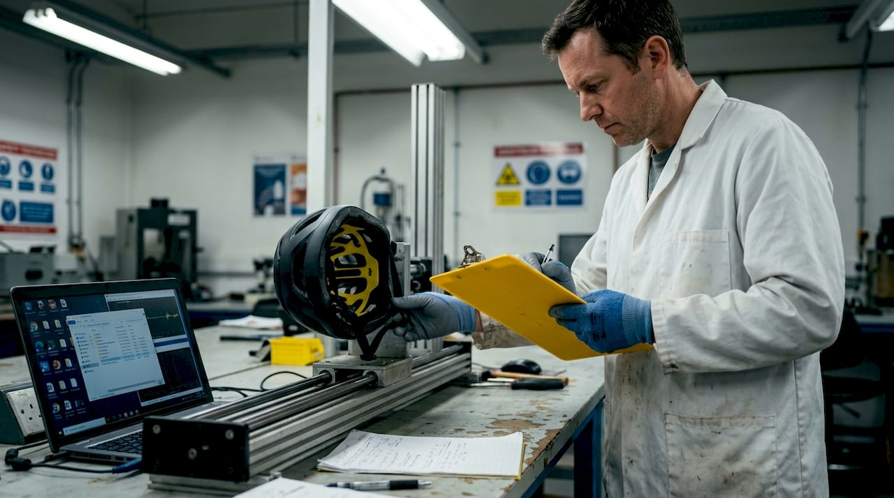Lab technician testing helmet for impact safety