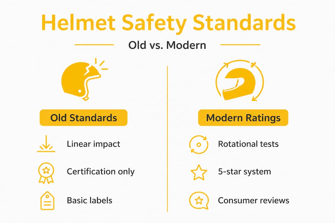 Infographic contrasting old and modern helmet standards