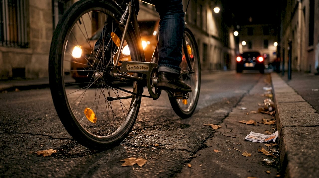 Une roue de vélo équipée de bandes réfléchissantes, parfaitement visible sous les phares d’une voiture.