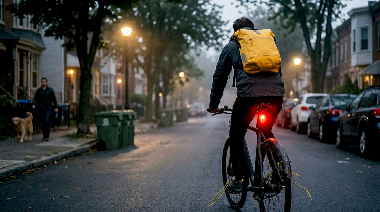 Cyclist with radar taillight on street at dusk