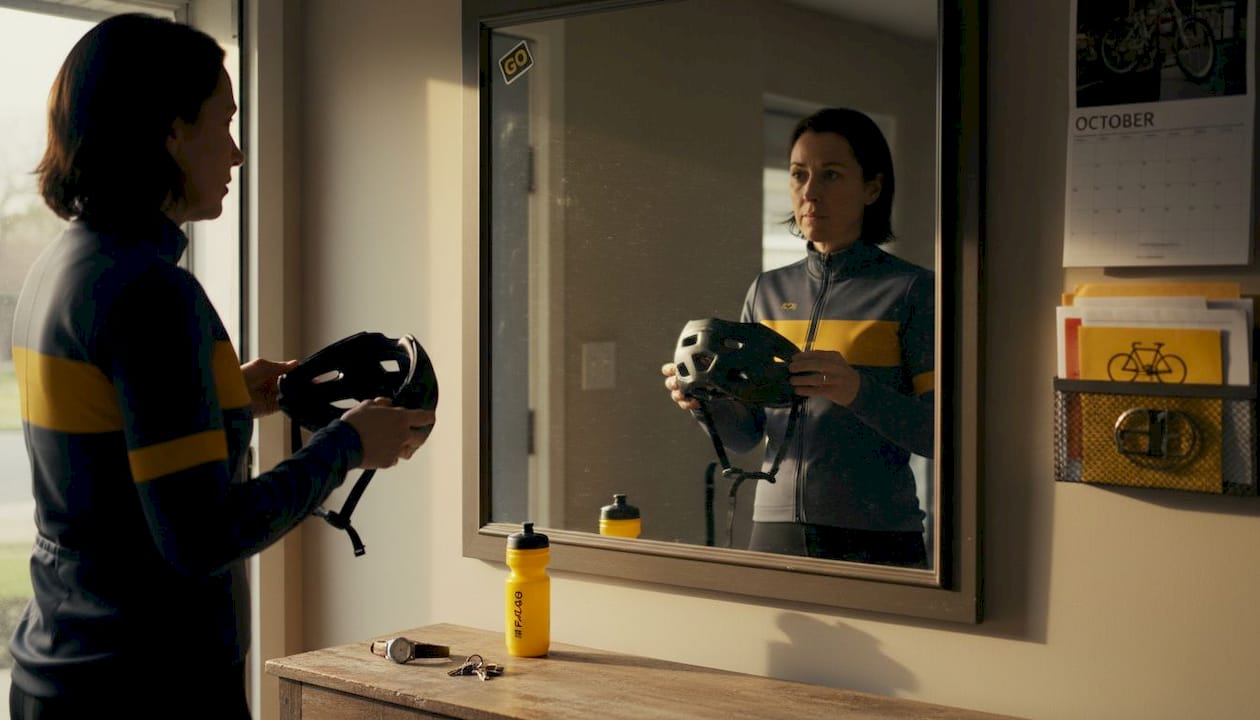 Woman adjusting helmet fit by mirror