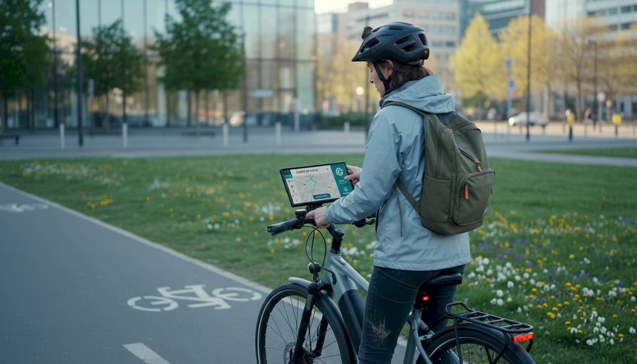 Une cycliste règle l’écran connecté de son vélo.