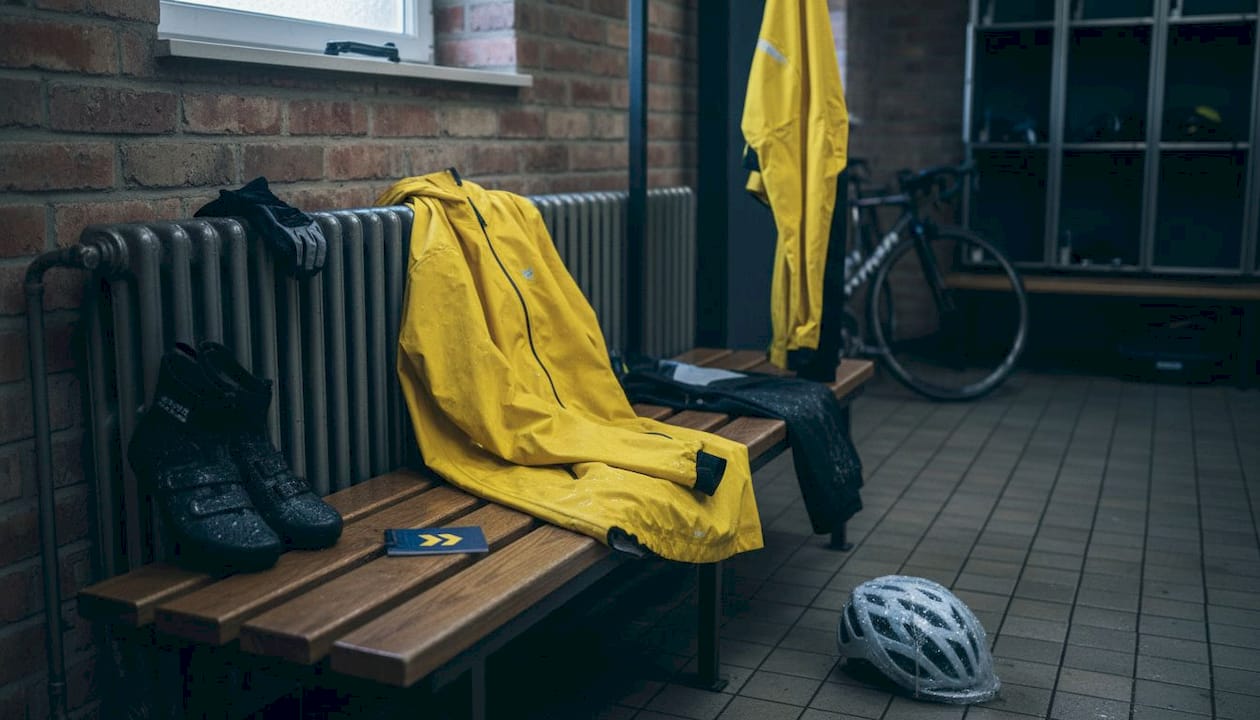 La tenue de pluie pour les cyclistes est prête dans le vestiaire.