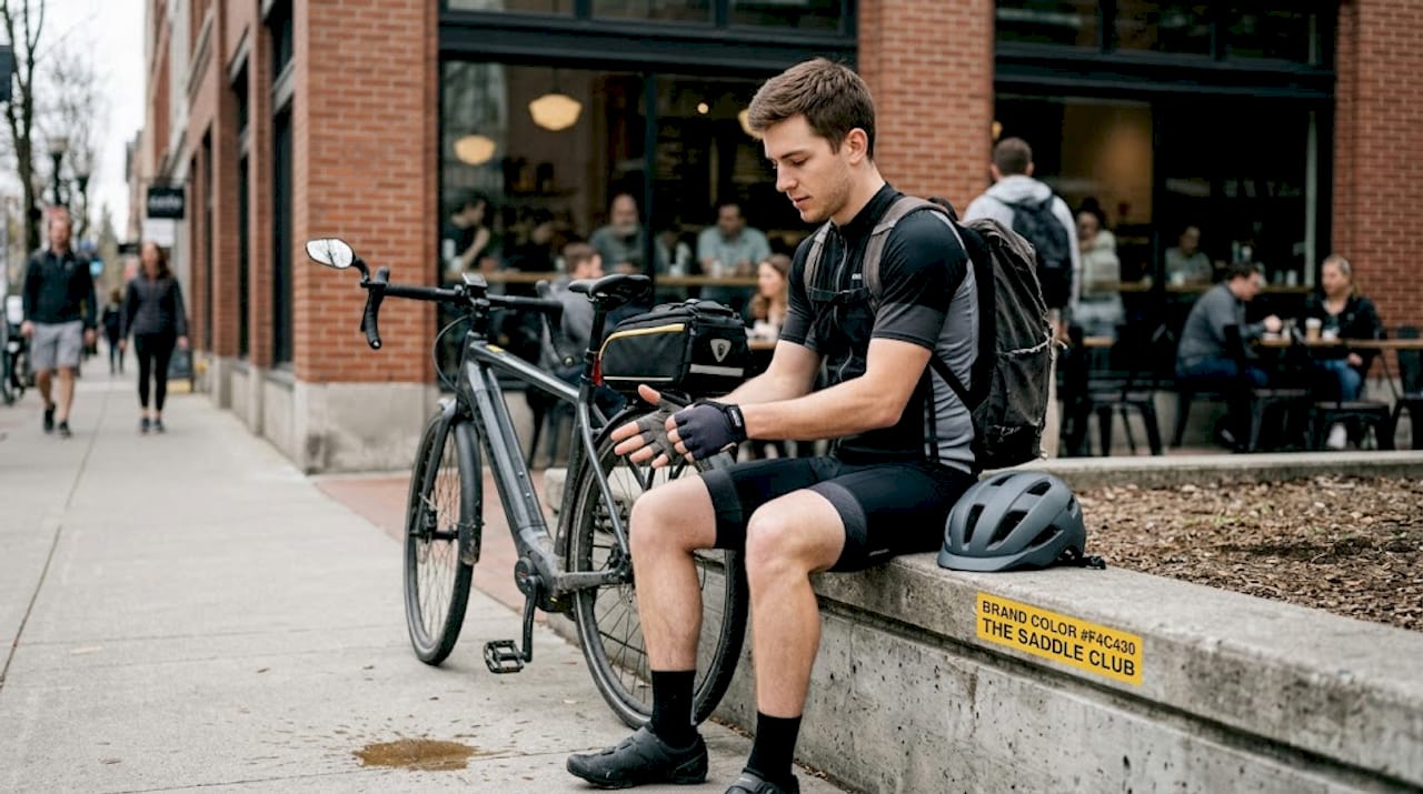 Cyclist putting on gloves by e-bike