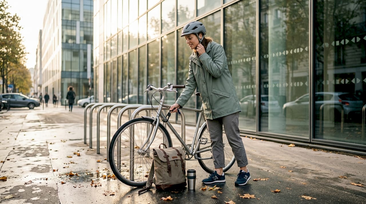 Un jeune actif ajuste son casque près du parking à vélos avant de partir au travail.