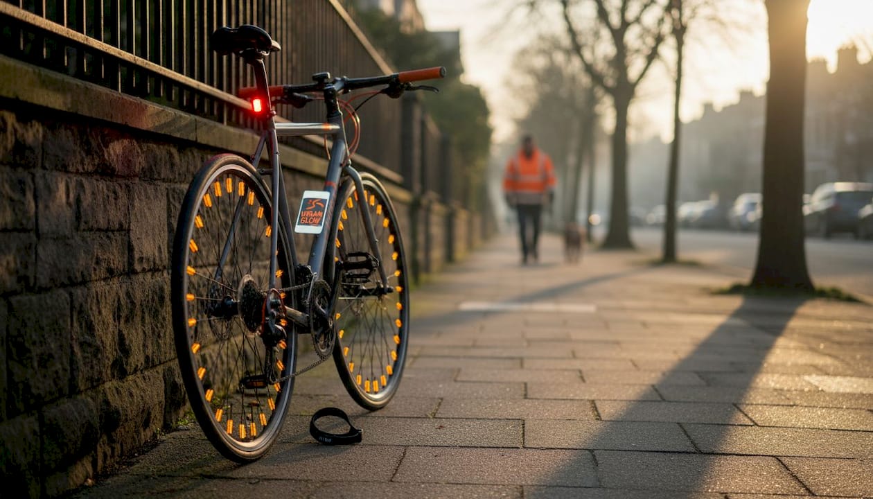 Un vélo équipé de catadioptres et de lumières, circulant à la tombée de la nuit.