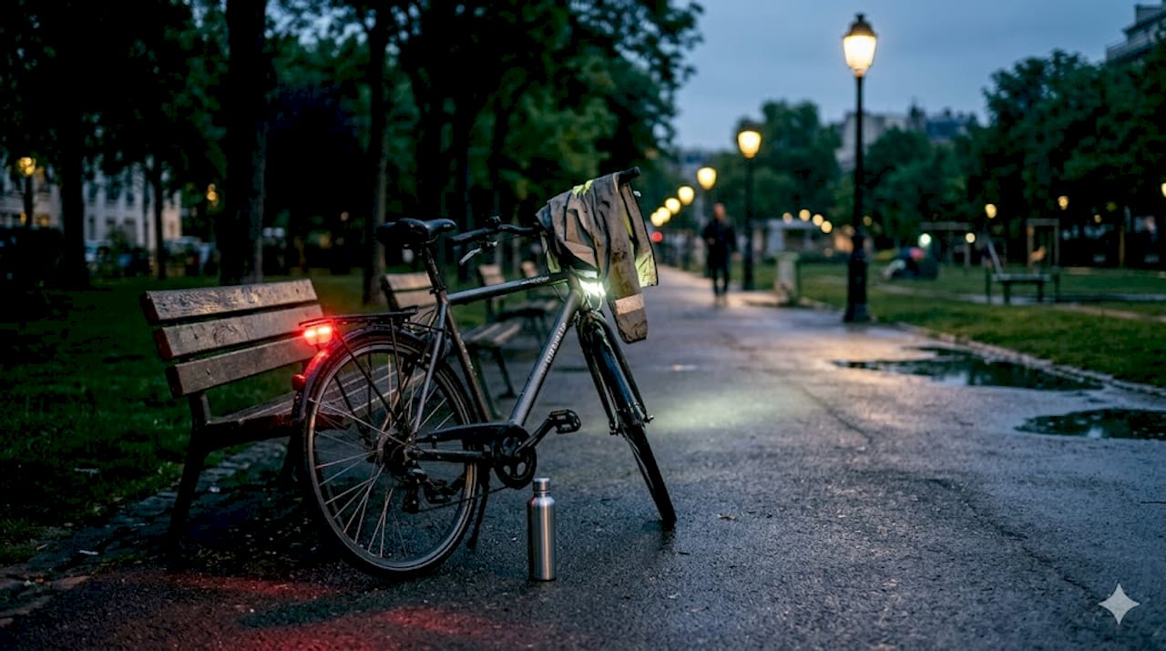 Un vélo illuminé traverse le parc à la tombée de la nuit.