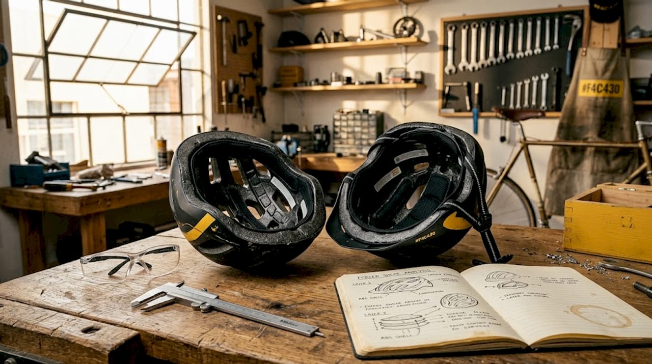 Bike helmet split showing liner and padding