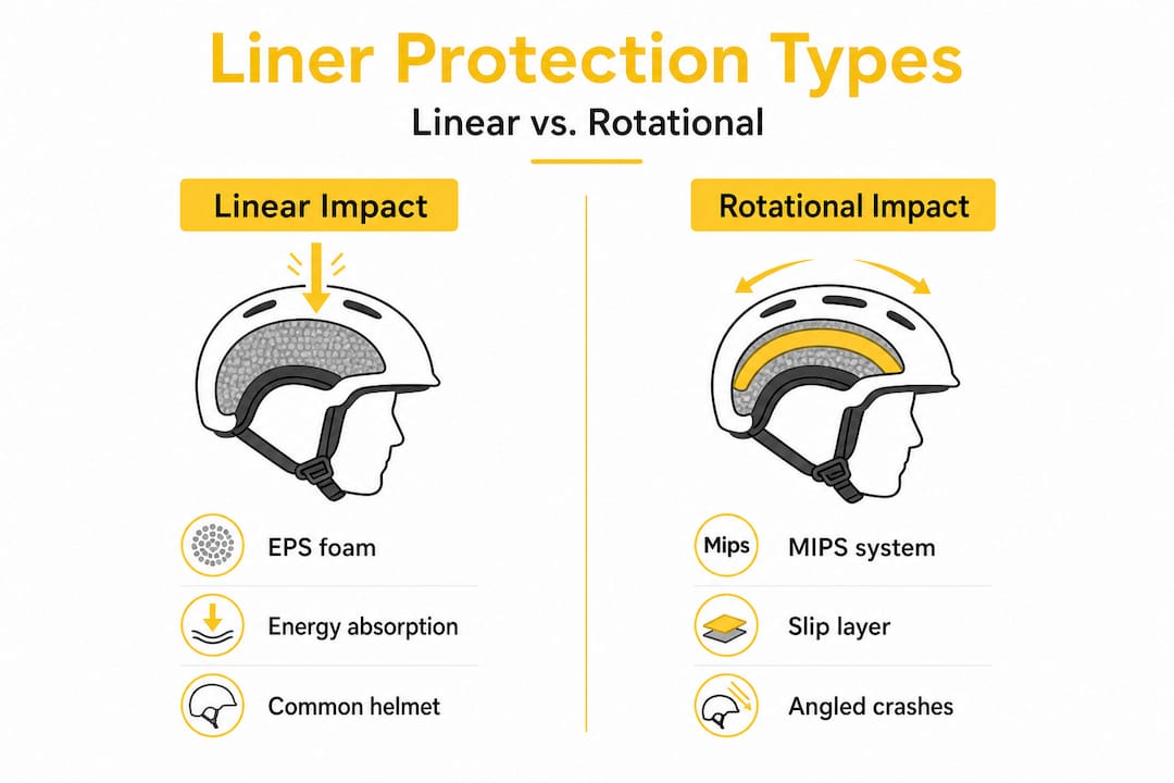 Infographic comparing linear and rotational helmet protection