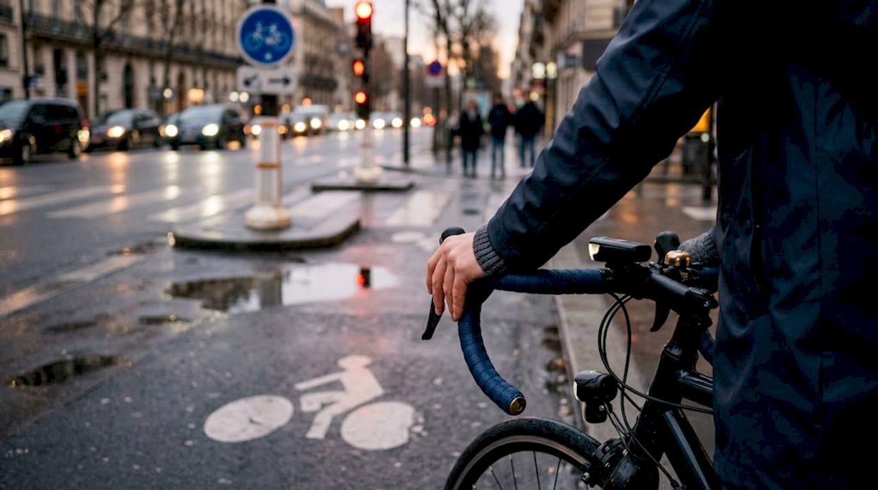 Un cycliste patiente au feu rouge, juste à côté d’un marquage au sol réservé aux vélos.