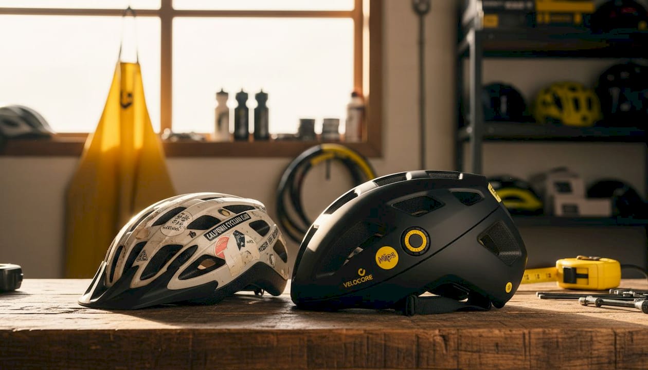 Side-by-side comparison old and new bike helmets