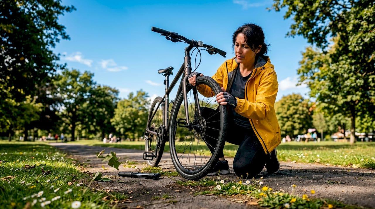 Commuter examines bike tire width outdoors