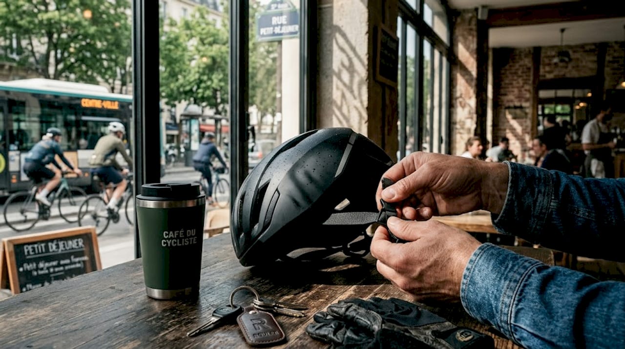 Une main règle un casque de vélo urbain posé sur la table.