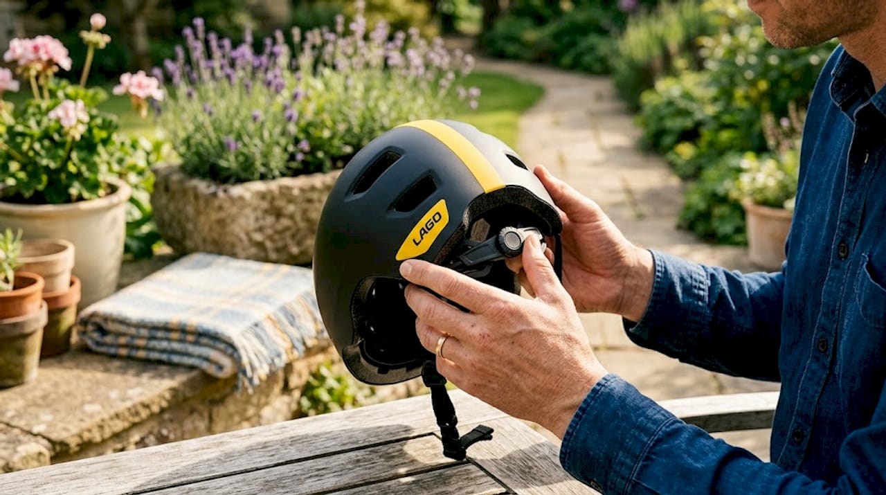 Hands inspecting inside of cycling helmet