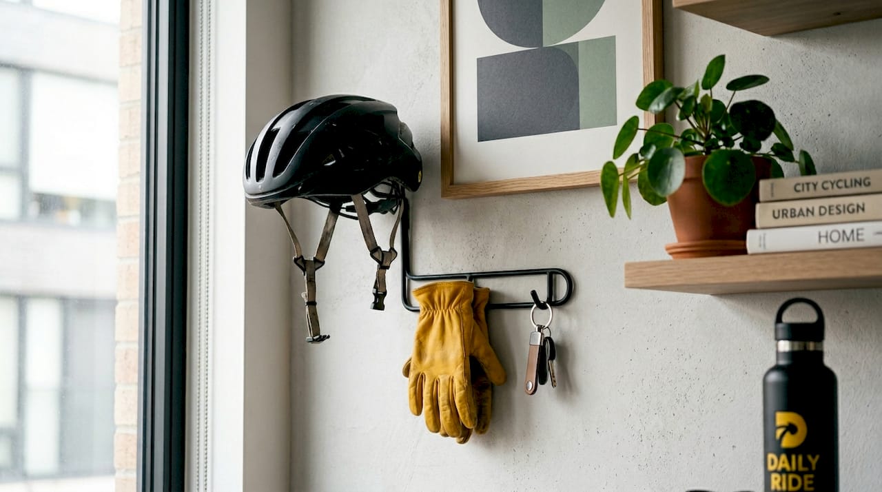 Helmet stored on shelf with cycling gloves