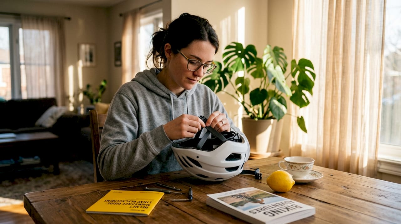 Woman adjusting helmet retention system at table
