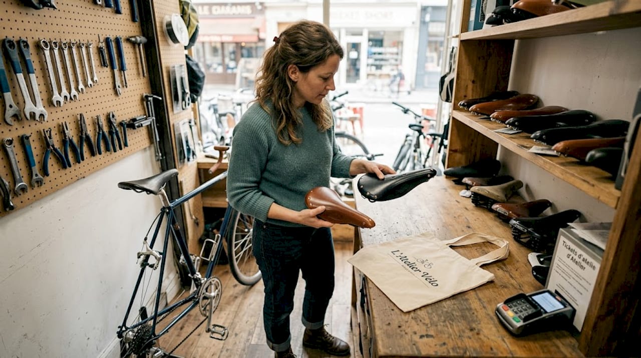 Une femme examine différents modèles de selles de vélo dans un magasin pour trouver celle qui lui offrira le meilleur confort.