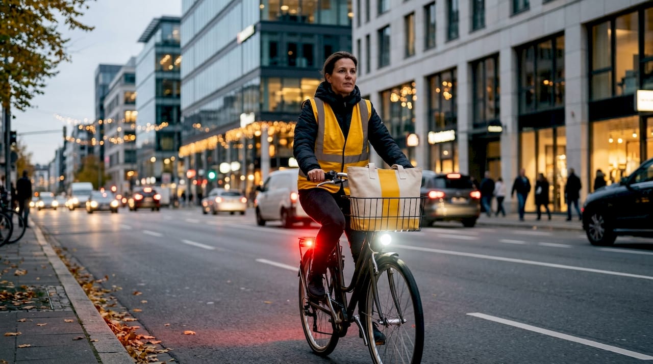 Cyclist using lights on evening neighborhood ride