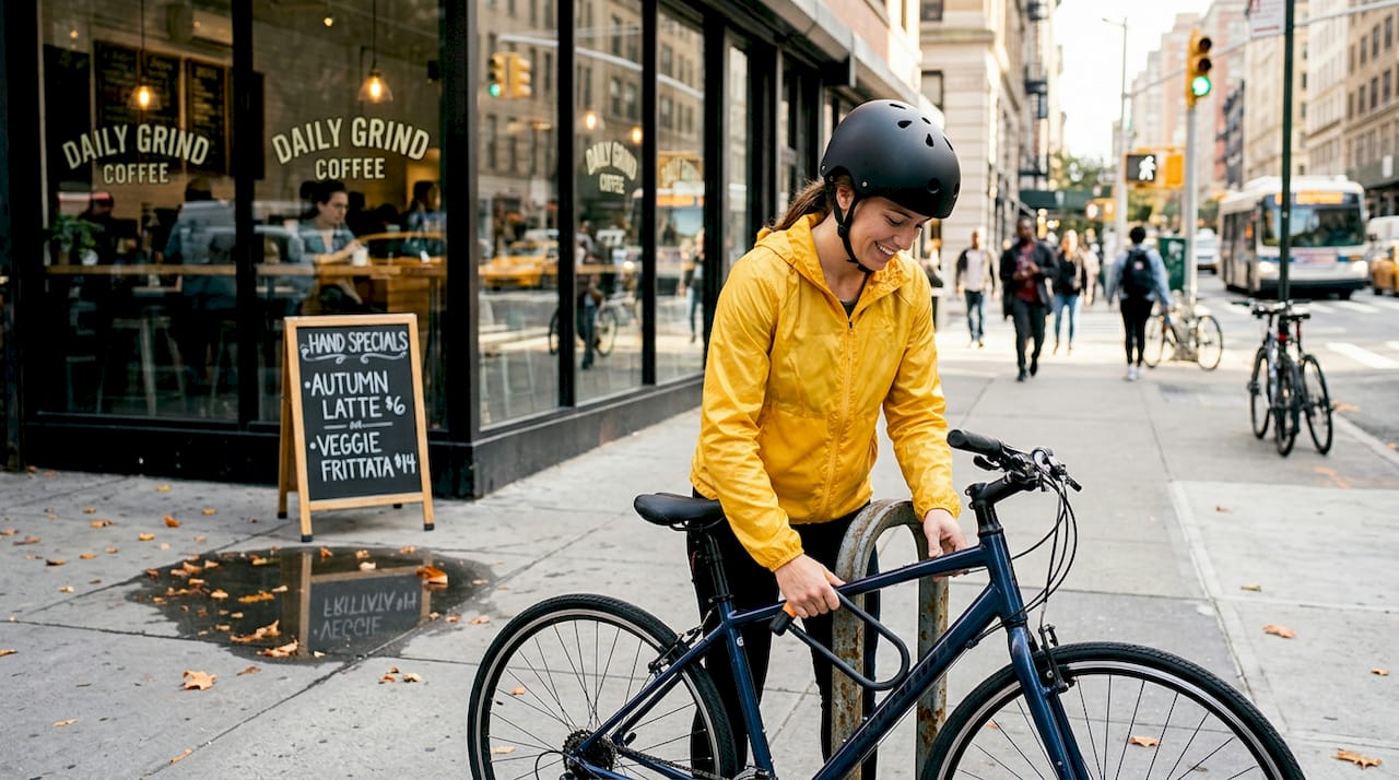 Woman securing bike with urban style helmet