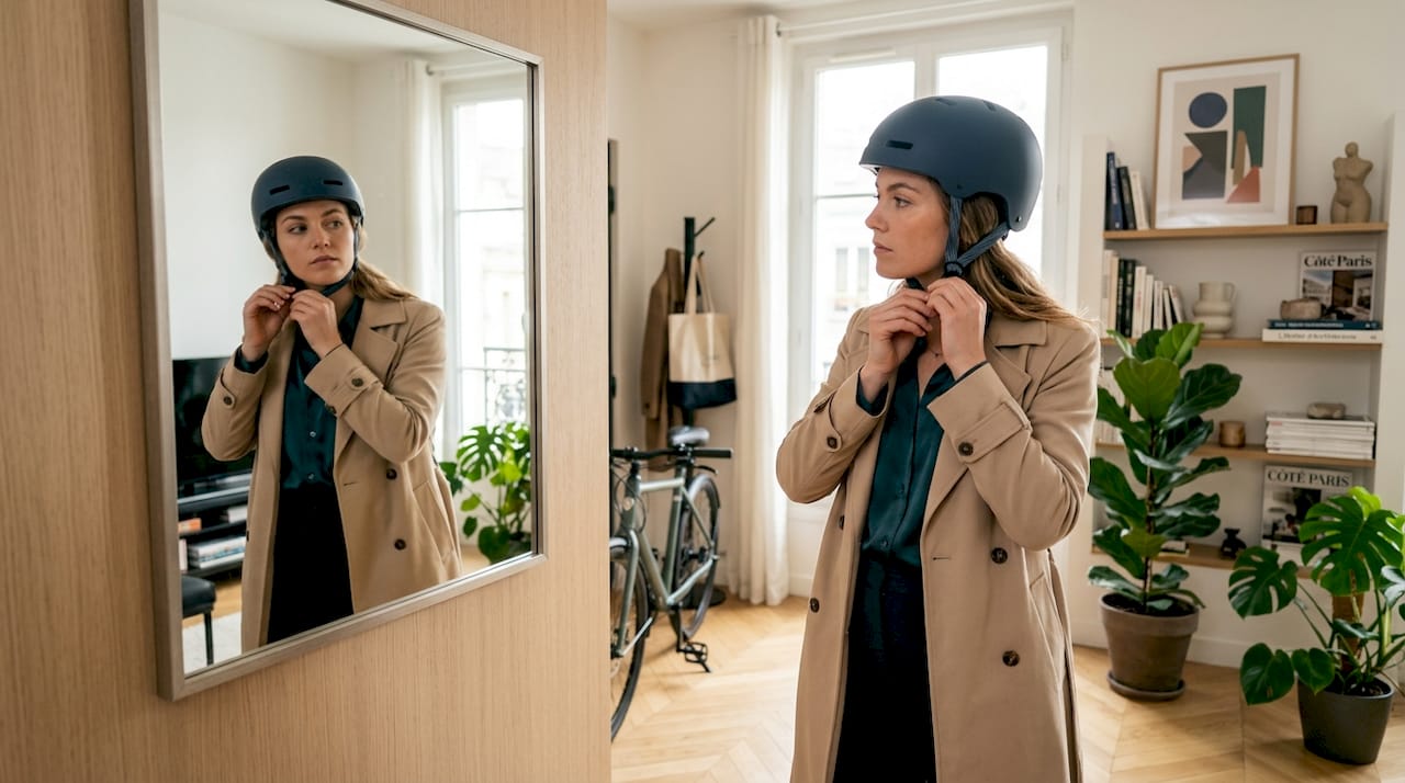 Une femme ajuste son casque de vélo devant le miroir du couloir.
