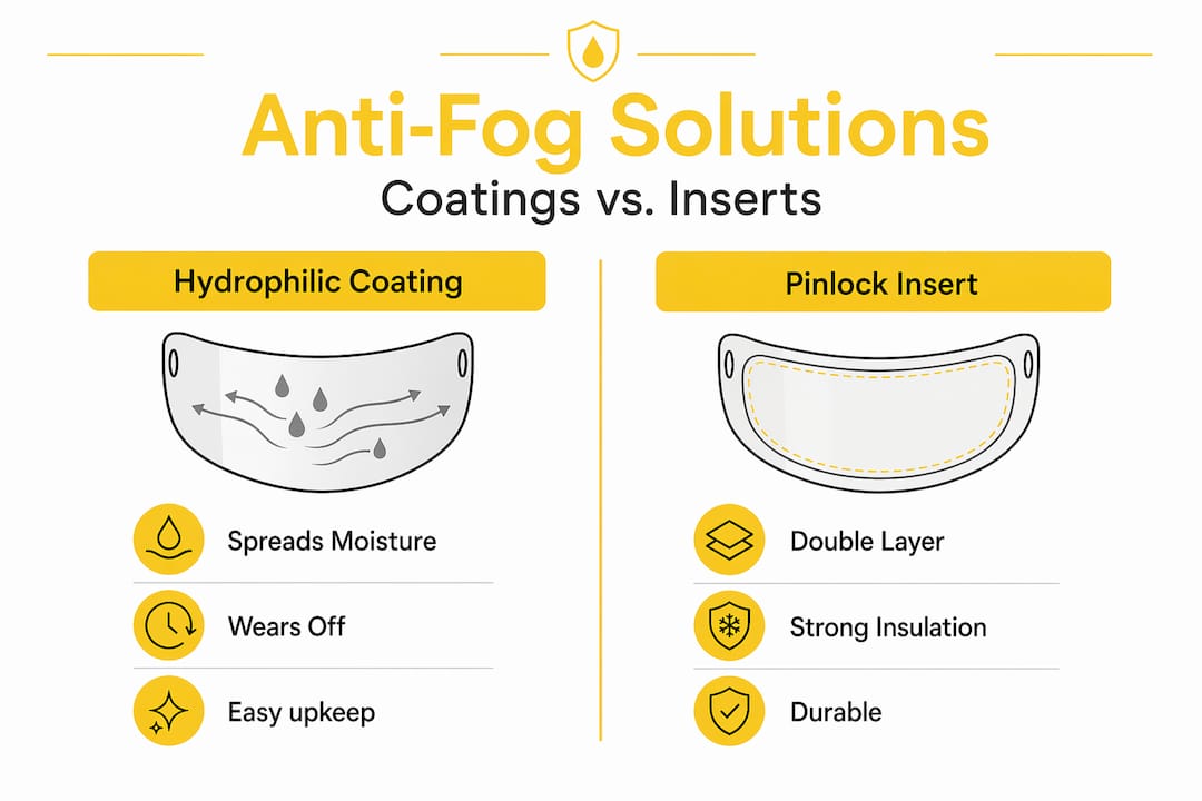 Infographic comparing helmet anti-fog solutions