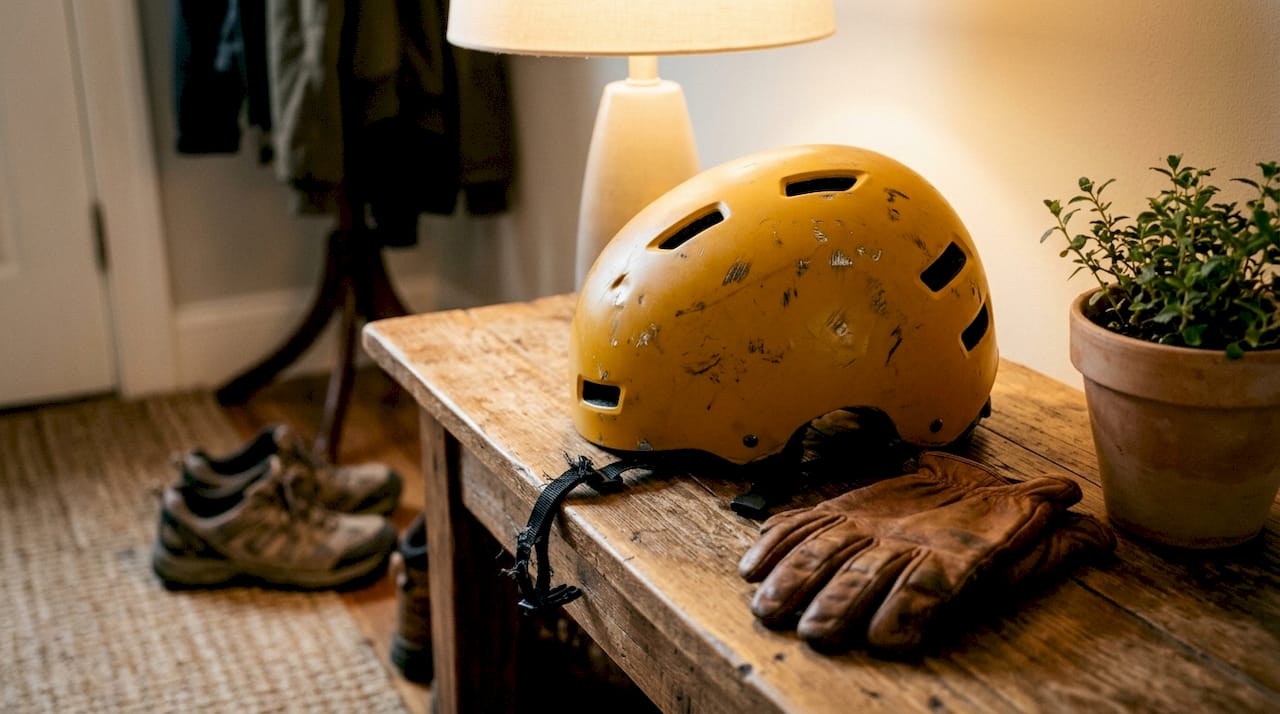 Worn bike helmet close-up with visible damage