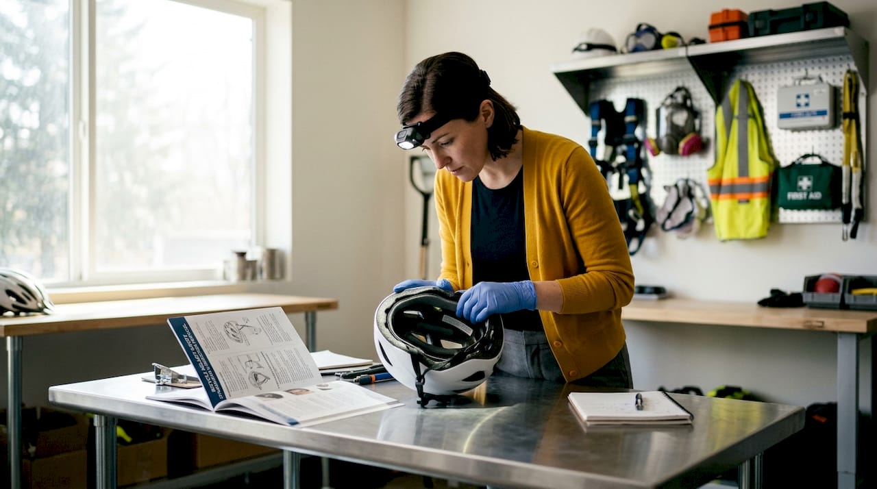 Inspector verifying helmet in safety check room