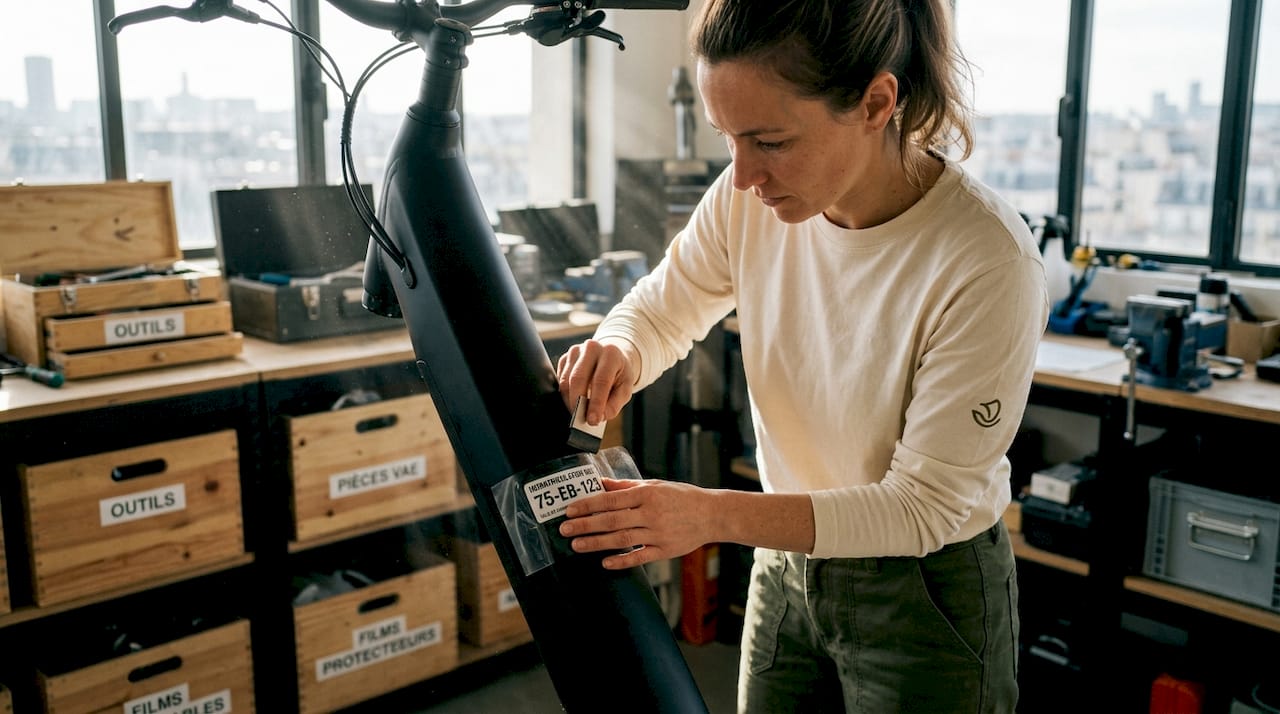 Application d’un film de protection sur le cadre d’un vélo électrique pour préserver sa finition et éviter les rayures.