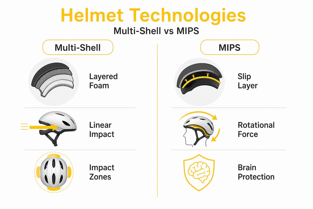Infographic comparing multi-shell and MIPS helmets