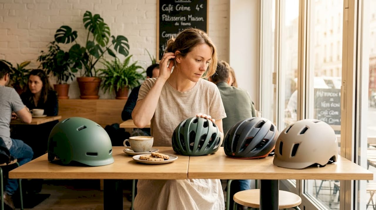 Une femme assise à sa table de cuisine examine attentivement les aérations de plusieurs casques pour comparer leur efficacité.