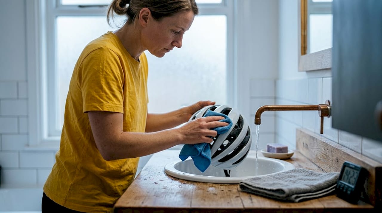 Cleaning a cycling helmet at kitchen sink