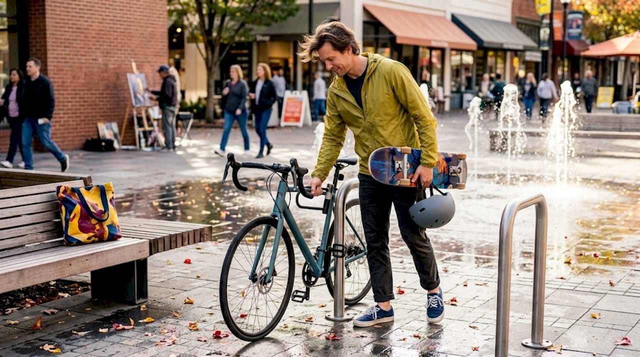 Commuter holds helmet, bike, and skateboard