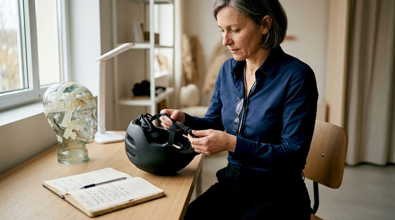 Un expert produit examine minutieusement un casque de vélo pour s’assurer de sa qualité.