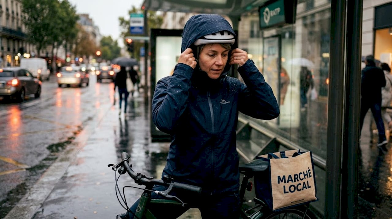 Une femme profite de sa veste de vélo imperméable pour rester bien au sec sous la pluie.