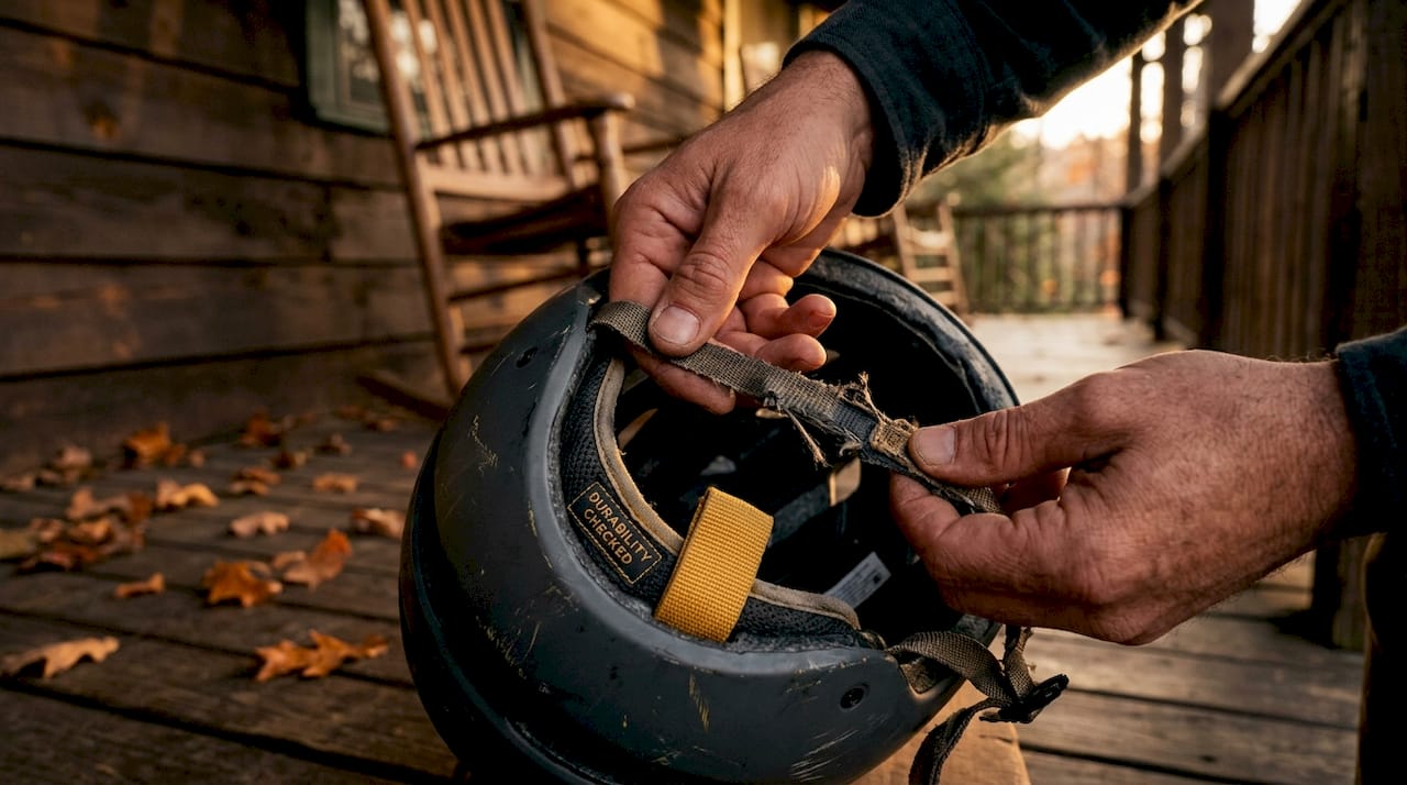 Hands checking frayed helmet chin strap