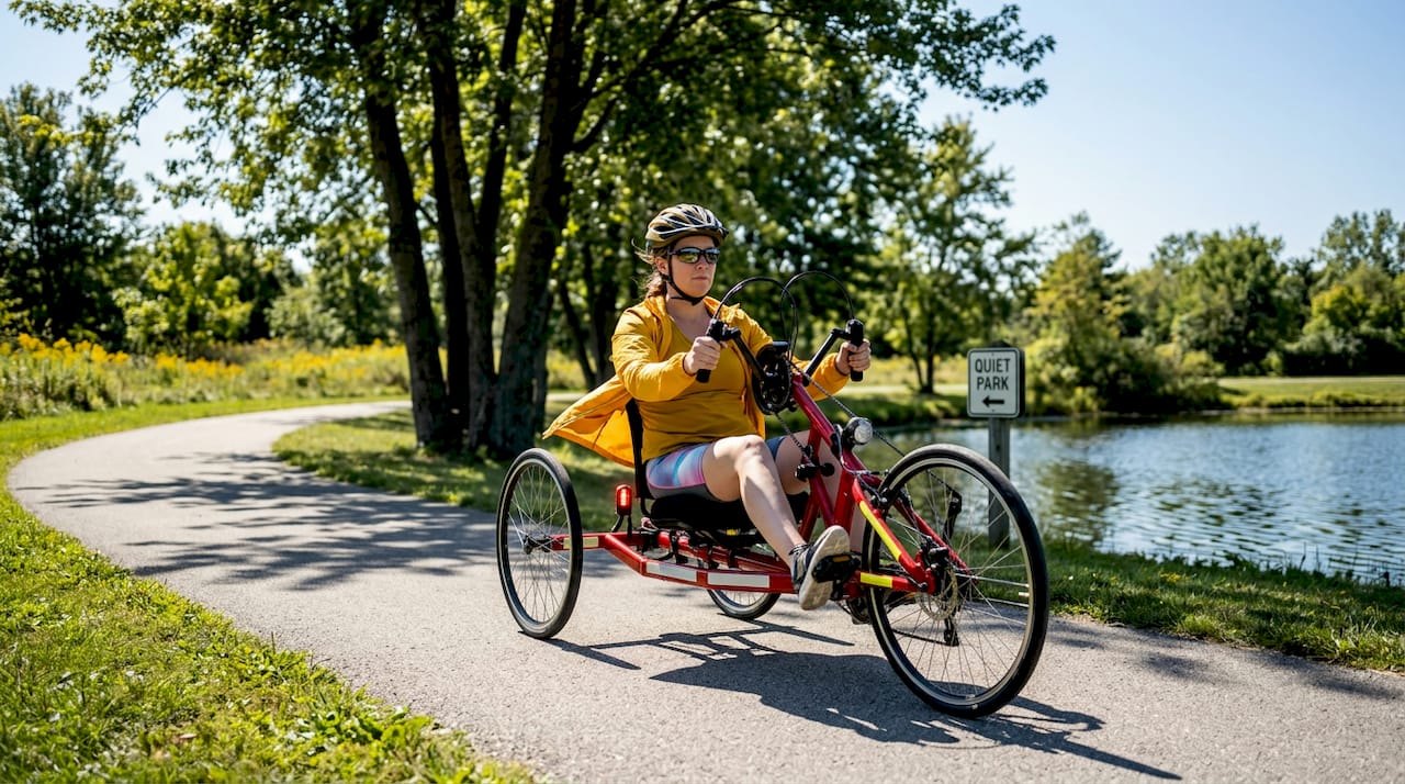 Handcycle rider showing safety adaptations