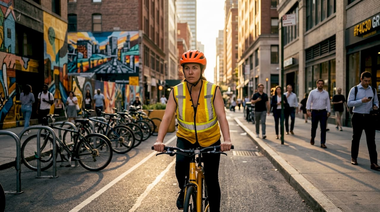 Female cyclist wearing helmet and reflective jacket